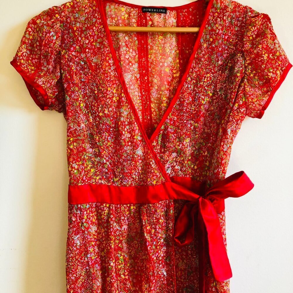 Gorgeous Light Sheer Wrap Dress with Satin Trim and Bow - Picture 2 of 16